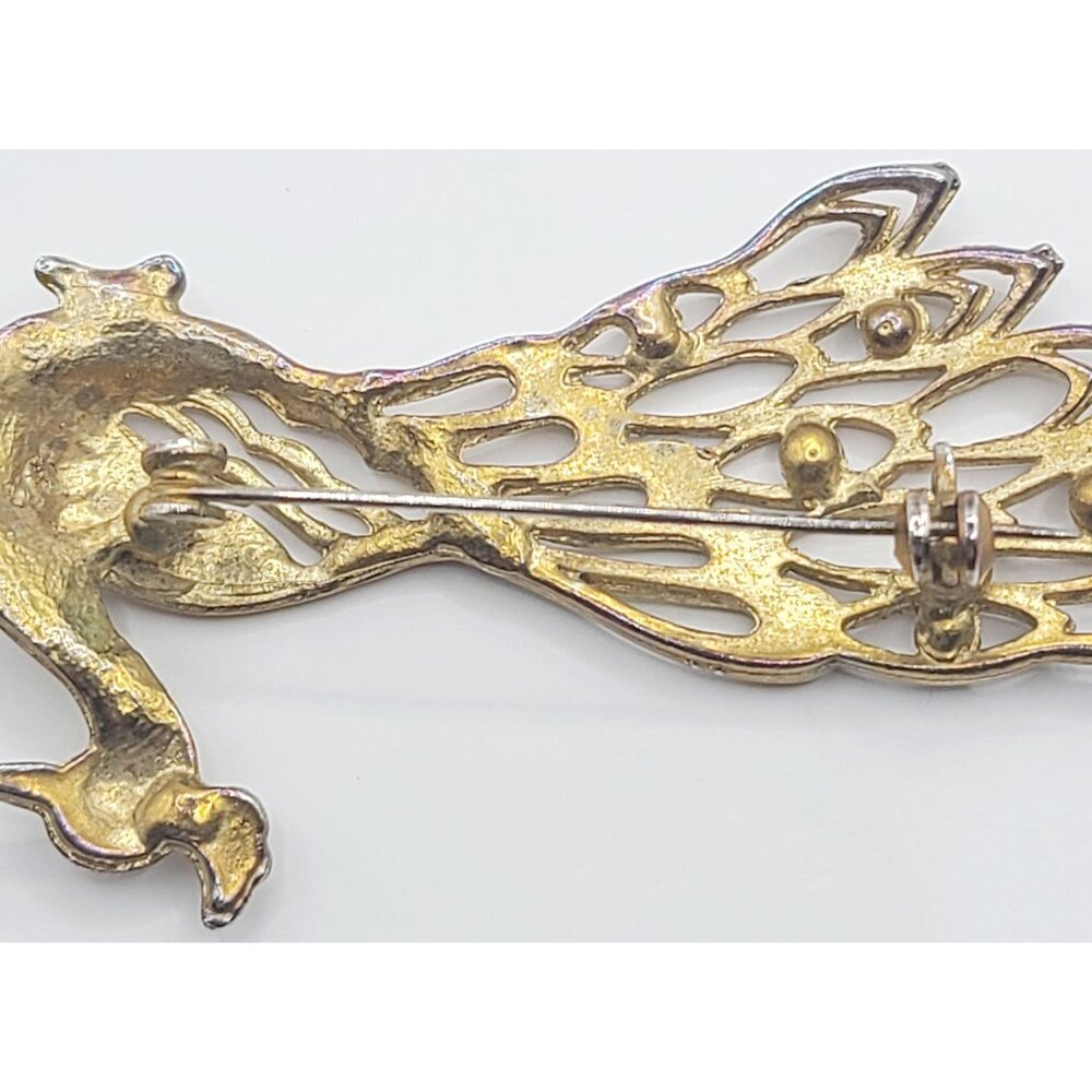 Vintage Peacock Brooch Pin Gold-Tone With Rhinestones MCM - Picture 5 of 7